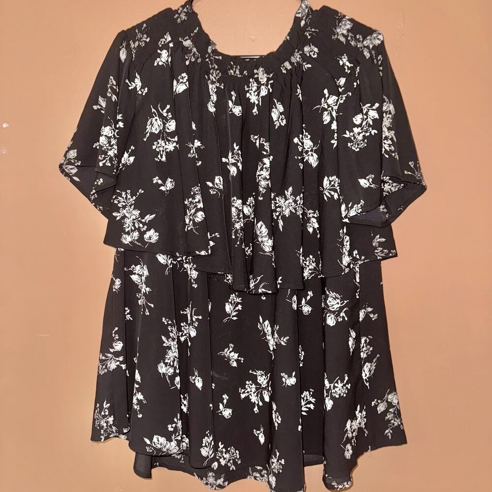 Suzanne Betro Women's Black Floral Puff Blouse Top - XL